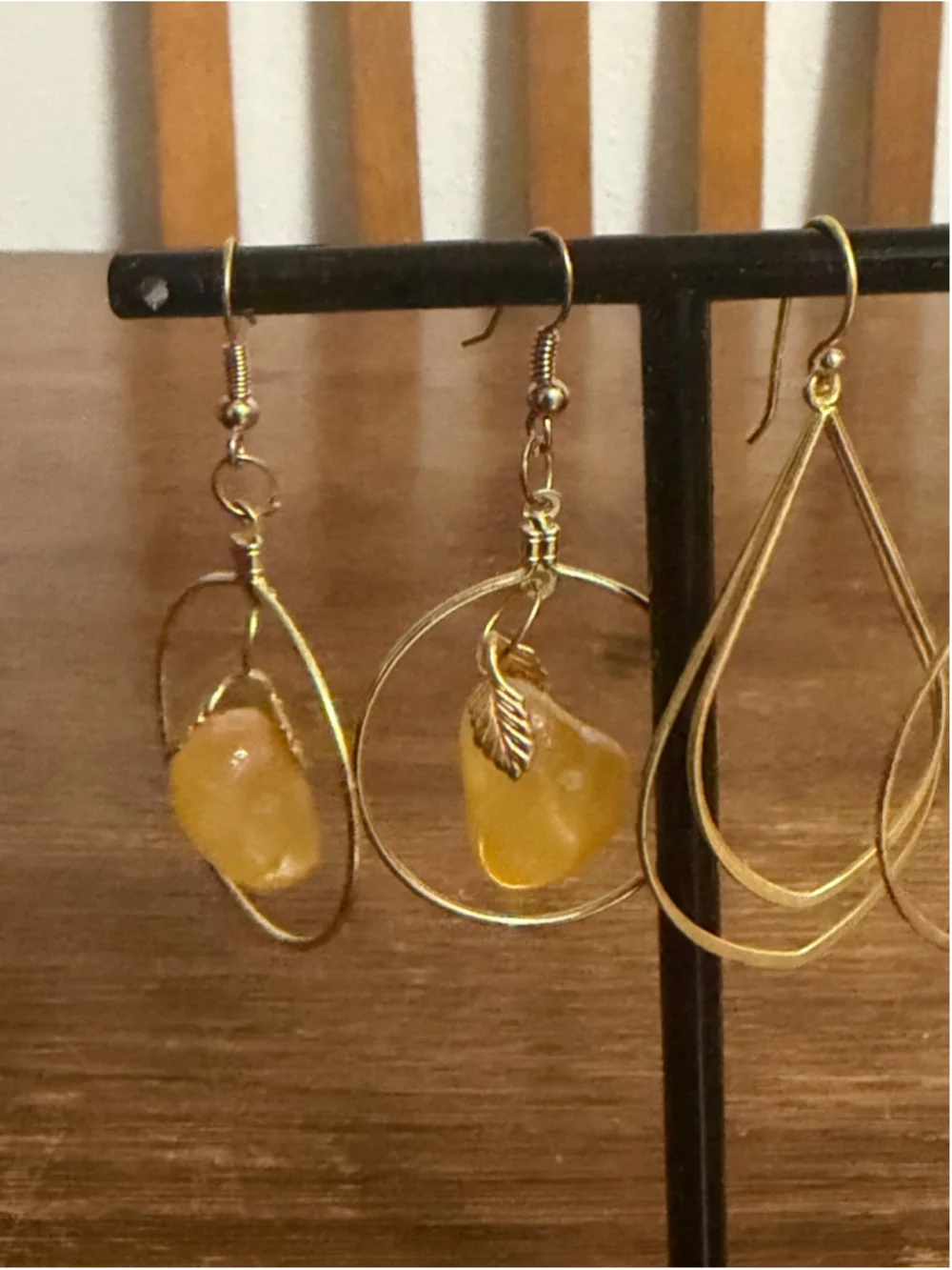 2 Pair Dangle Earrings Lot Gold Tone Yellow Stone Teardrop Hoop Boho Jewelry